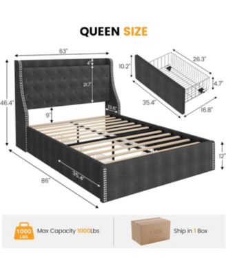 2Pcs Set Upholstered Queen Size Bed Frame with 4 Storage Drawers & Wingback Headboard, USB/Type-C Charging Station, Tufted Design