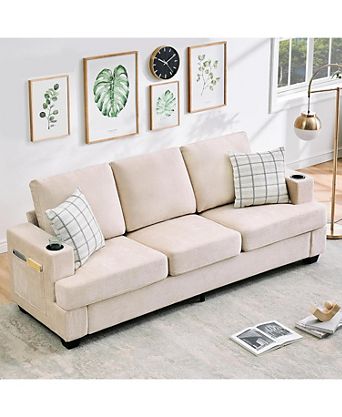 89-Inch Modern 3-Seater Sofa Couch with Cup Holders and Side Storage Pockets, Comfy Couches with Deep Seat for Living Room Apartment Lounge