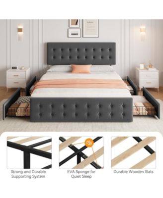 Bed Frame with 4 Storage Drawers and Headboard, Linen Upholstered Platform Bed Frame