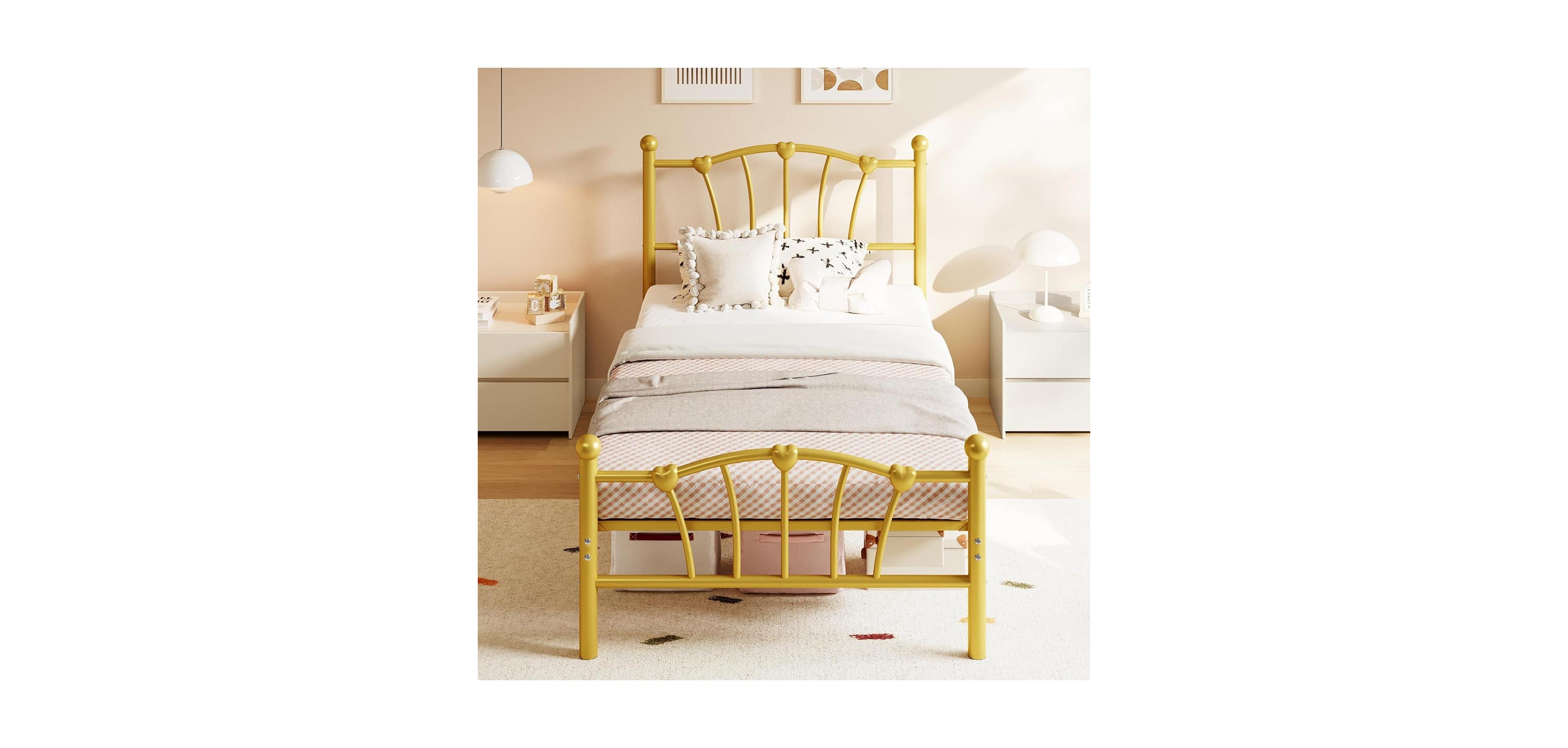 gaomon Twin Kids Bed Frame with Headboard & Footboard, Heart-Shaped Metal Platform Bed, Heavy-Duty Steel Slats, Quiet Design, No Box Spring