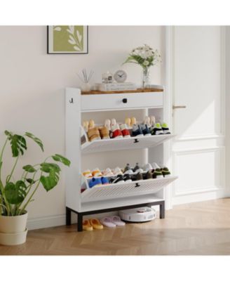 Shoe Storage Cabinet with 2 Flip Drawers & Top Drawer, Wooden Shoe Organizer with Hollow Panels for Entryway