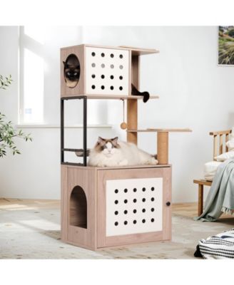 All-in-One Cat Tree with Litter Box Enclosure, Hammock, Bed, Feeding Station, and Scratching Posts