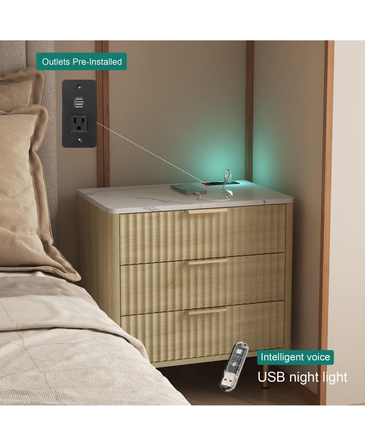 Rainsken Vertical Striped 3-Drawer Nightstand, Smart Bedside Table with Night Light and Charging Station for Bedroom, Living Room, Office