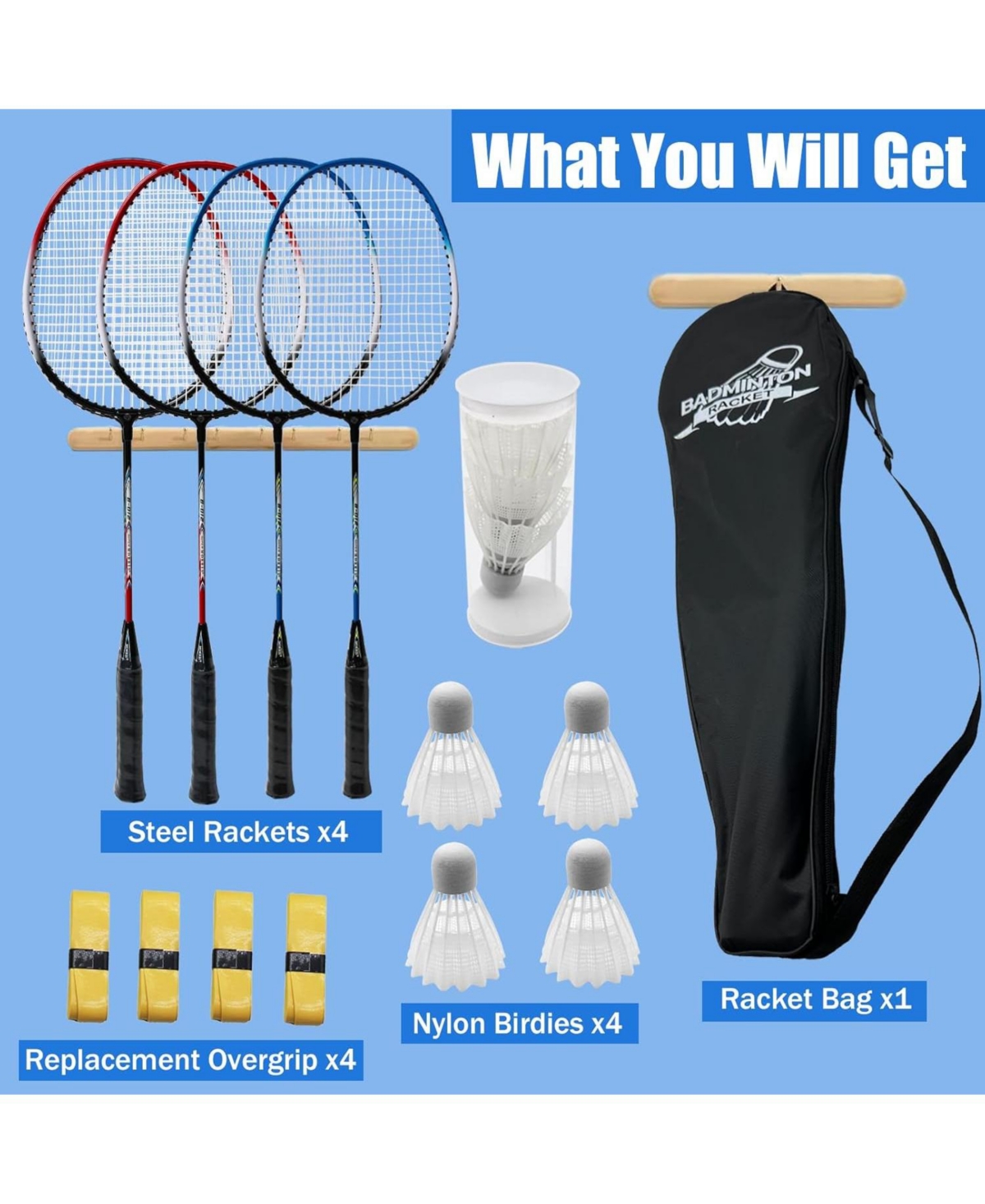 Magicorange Badminton Rackets Set of 4 for Backyard Games Includes 4 Racquets 4 Nylon Shuttlecocks 4 Grip Tapes and Carrying Bag for Adults