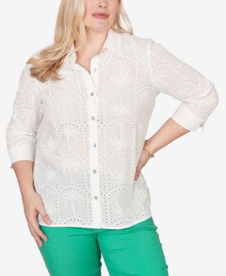 Women's Resort Living Eyelet Palm Tree Button-Front Top
