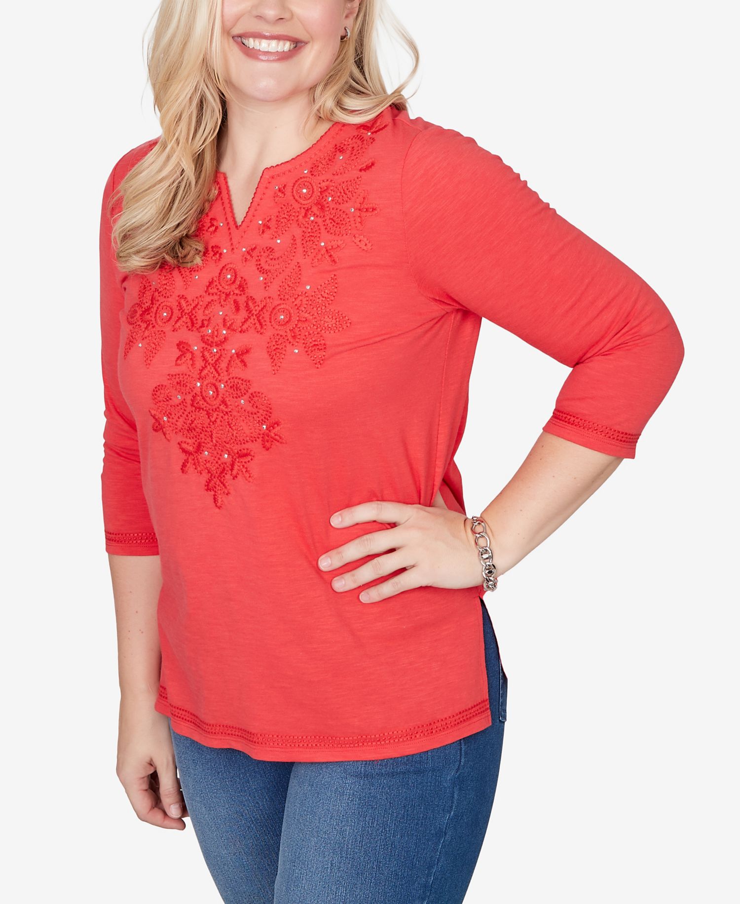 Women's Port Side Tonal Embroidered Split-Neck Top