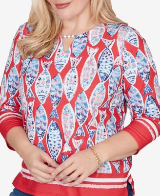 Women's Port Side Mosaic Fish Split Beaded Neck Top