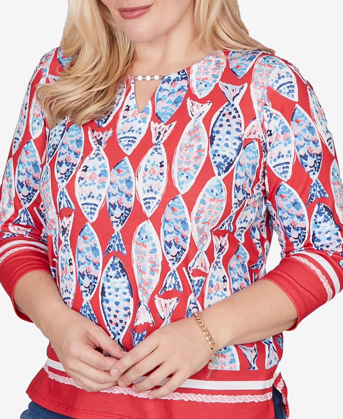 Alfred Dunner Women's Port Side Mosaic Fish Split Beaded Neck Top