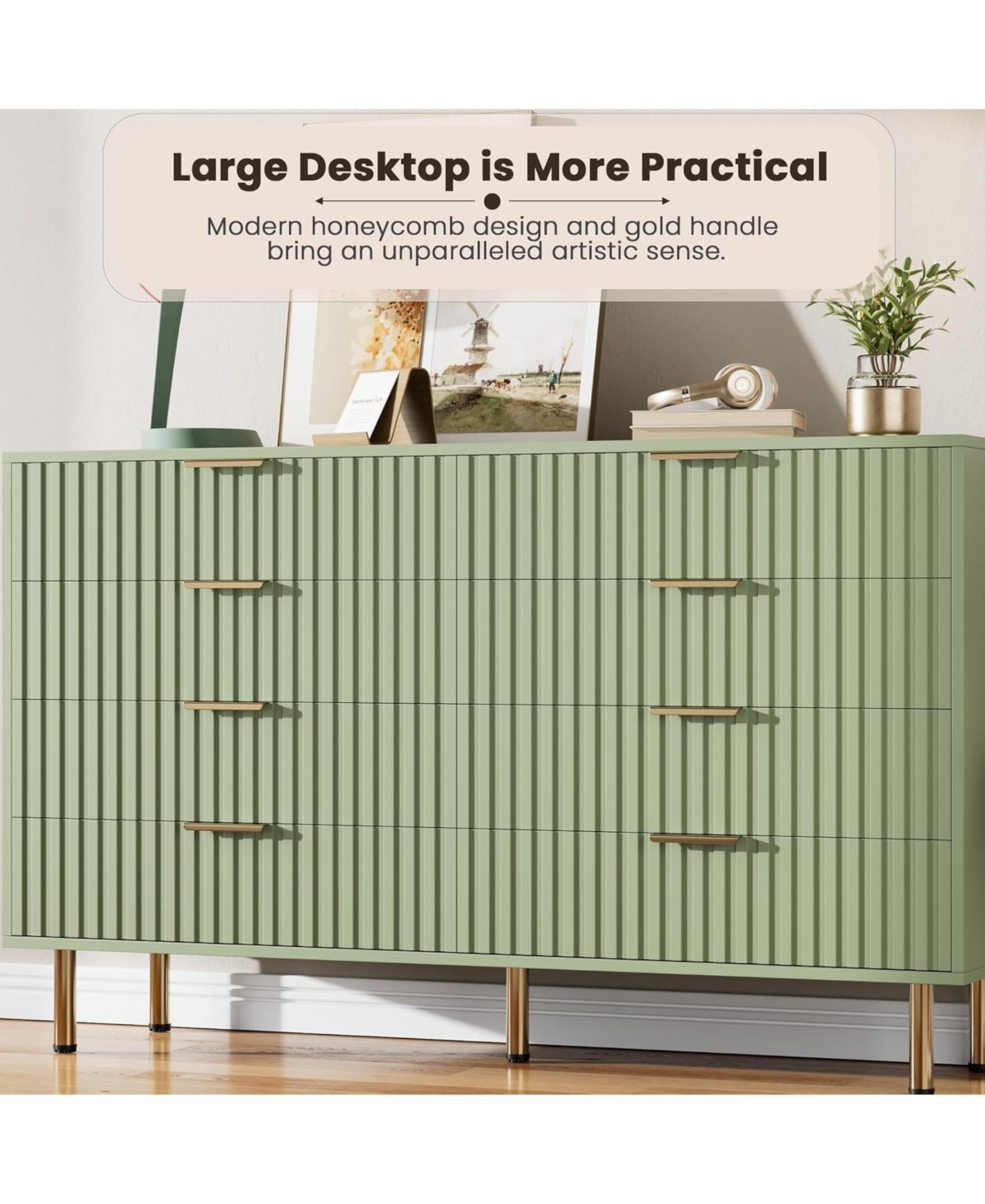 gaomon Drawer Dresser for Bedroom, Fluted Dresser with Large Drawers and Sturdy Gold Legs Support