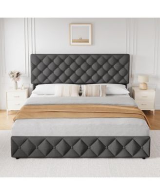 Bed Frame with 4 Storage Drawers and Headboard, Linen Upholstered Platform Bed Frame, Diamond Stitched Button Tufted