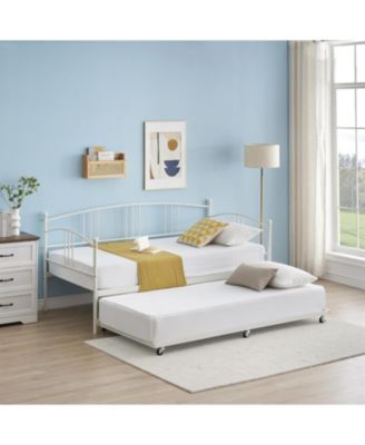 Twin Daybed with Trundle, Metal Daybed with Pullout Trundle and 6 Casters, Steel Slat Support Sofa Bed for Living Room, Bedroom, Guest Room
