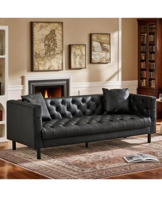78" Couches for Living Room, Faux Leather Button-Tufted 3 Seater Sofa with 2 Pillows and Deep Seat