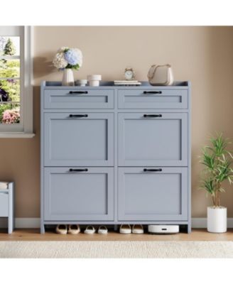 Shoe Cabinet with 4 Flip Drawers & 2 Top Drawers, Modern Wooden Shoe Organizer, Adjustable Shelf, Hidden Entryway Shoe Storage Cabinet