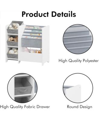 Wooden Bookshelf, 4 Tier Kids Book Display Unit with 3 Collapsible Fabric Drawers, Toy Storage Organizer for Playroom and Nursery