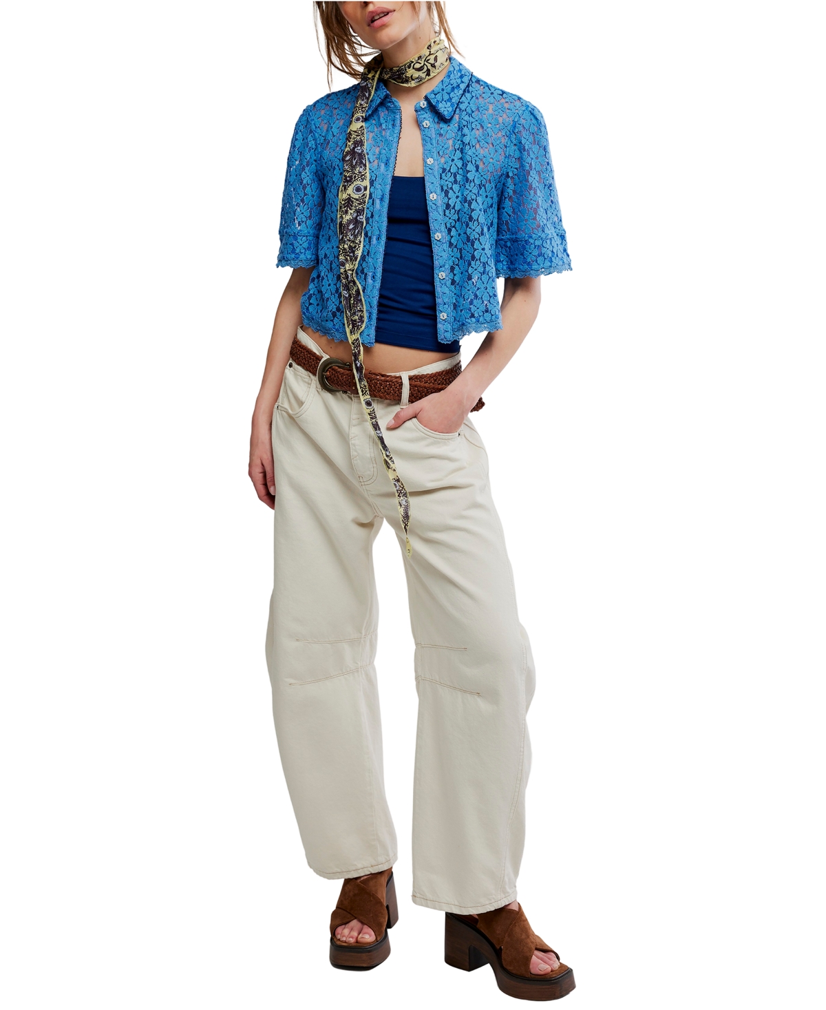 Free People Women's Mannie Lace Button Down Collared Top