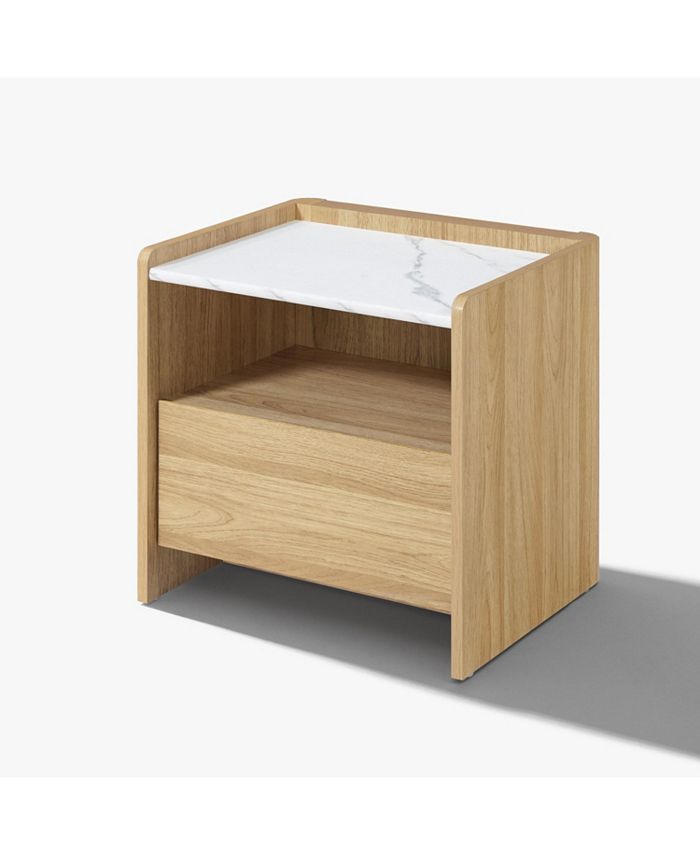 LuxenHome Hazel Oak Nightstand & End Table with Storage, Raised Sides, Faux Marble Top, Durable Manufactured Wood - Brown