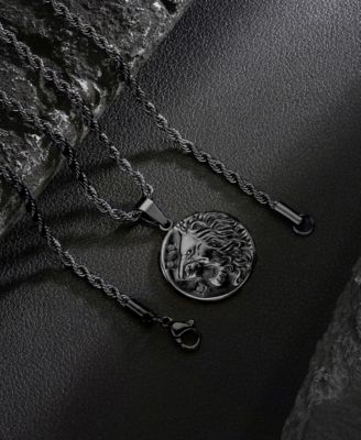 Men's Stainless Steel Black Plated Lion Coin Pendant Necklace