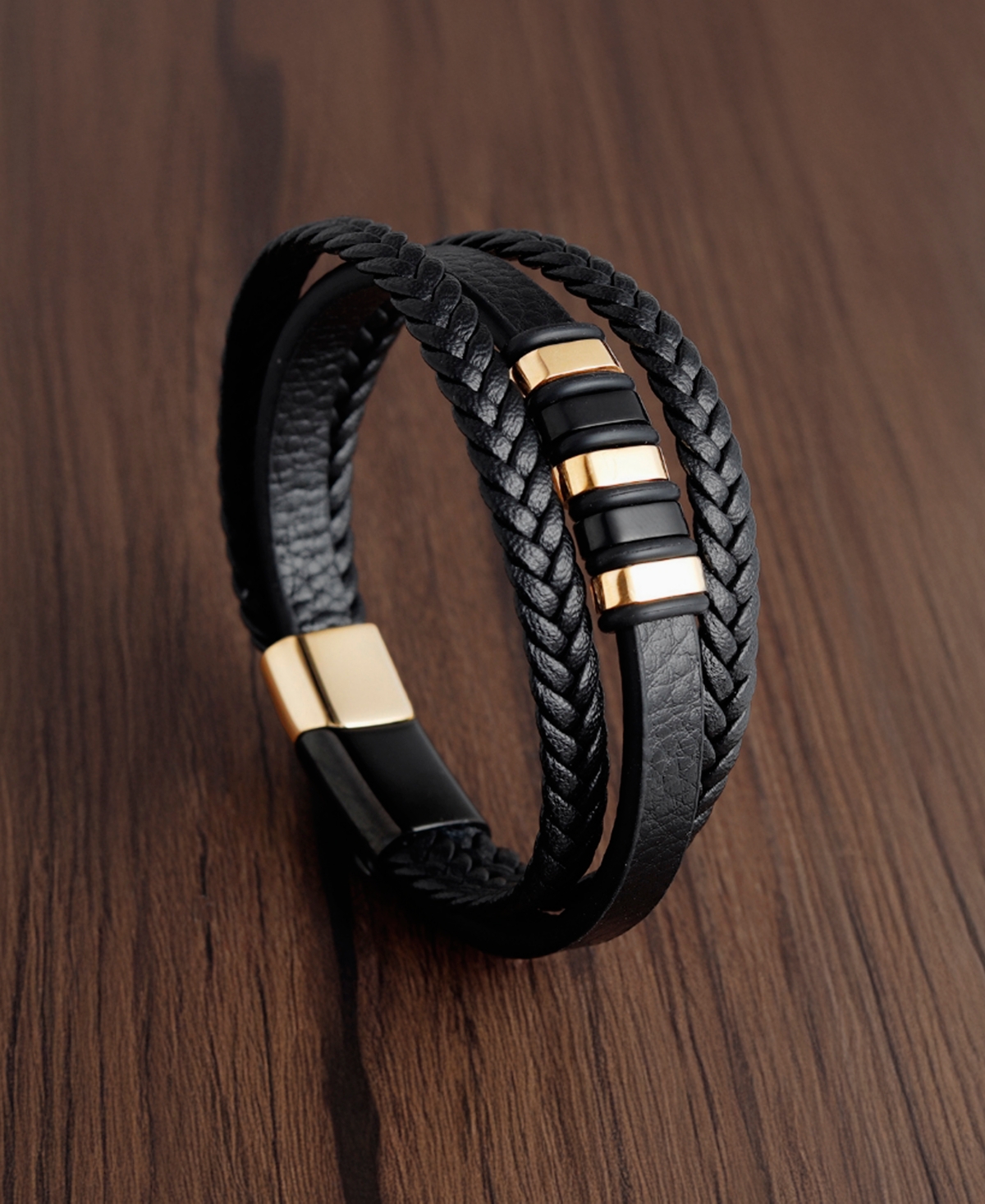 Rhona Sutton Men's Cuff Gold Plated Leather Bracelet in Stainless Steel