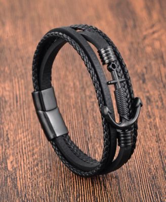 Men's Leather Bracelet in Stainless Steel