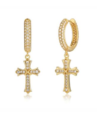 Men's Classic Iced Cross Hoop Earrings in 14k Gold