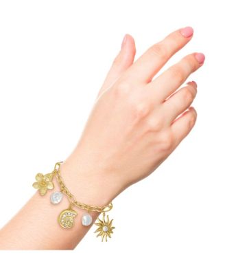 Gold-Tone Celestial Charm Bracelet with Imitation Pearls, Adjustable