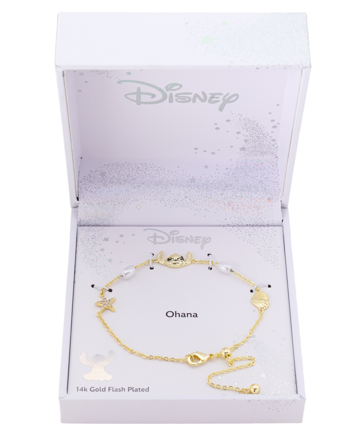 Disney Stitch Cubic Zirconia and Glass Pearl Stitch and Shell Charm Bolo Bracelet