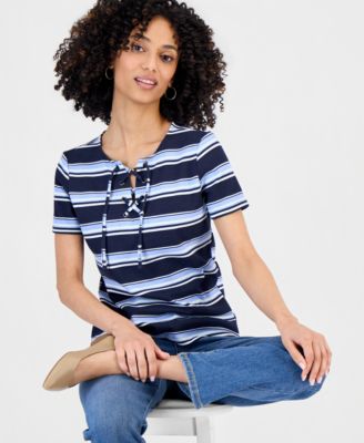 Petite Striped Lace-Up Short-Sleeve Top