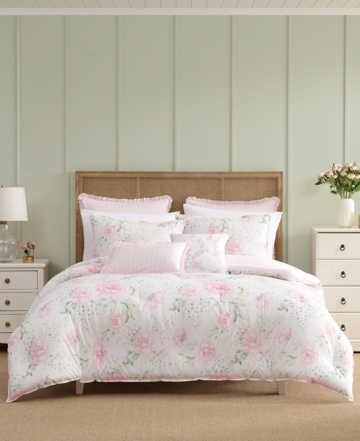 Laura Ashley Serenity Roses Reversible 7-pc. Comforter Set, Full/queen In Pink