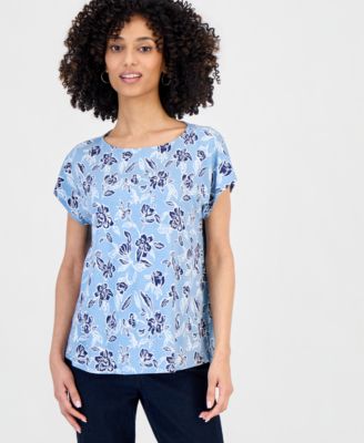 Petite Floral-Print Flutter-Sleeve Top