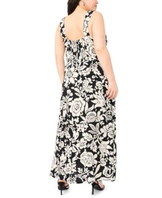 Plus Size Printed Square-Neck Smocked-Back Sleeveless Maxi Dress