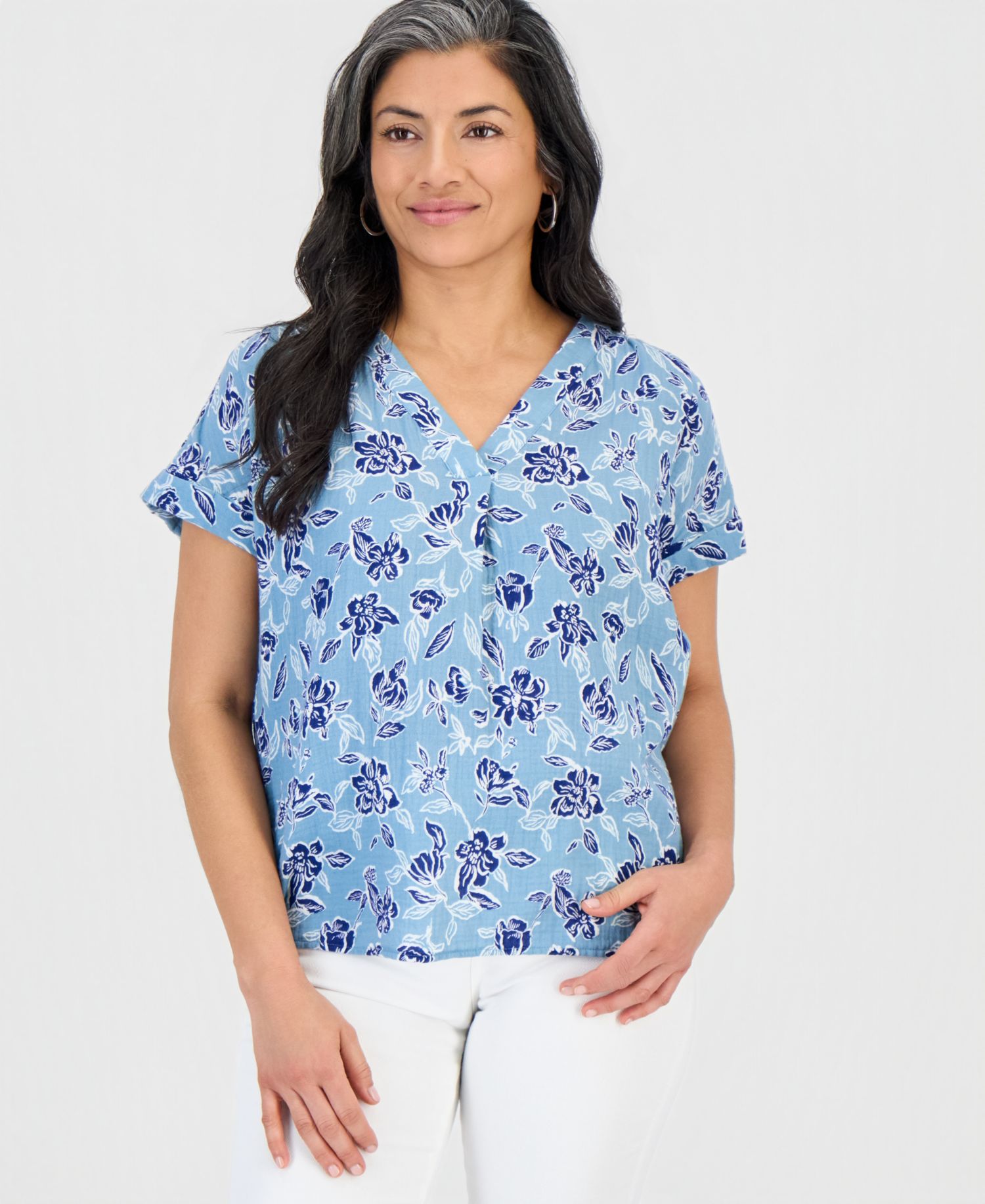 Petite Cotton Gauze V-Neck Short-Sleeve Top