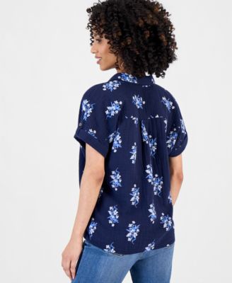 Petite Cotton Printed Collared Popover Top