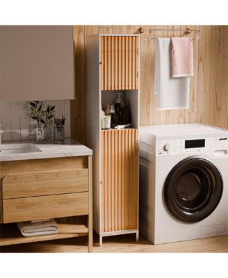 Bathroom Tall Storage Cabinet, Freestanding Organizer with Bamboo Slat Doors, Adjustable Shelves, Modern Narrow Floor Cabinet for Bathroom