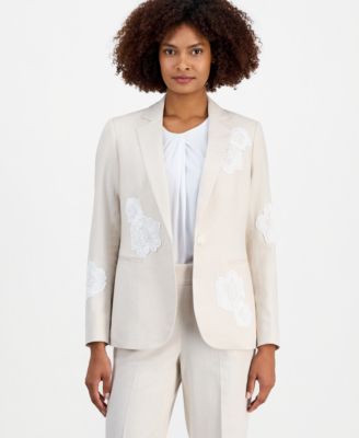 Women's Linen-Blend One-Button Embroidered Blazer