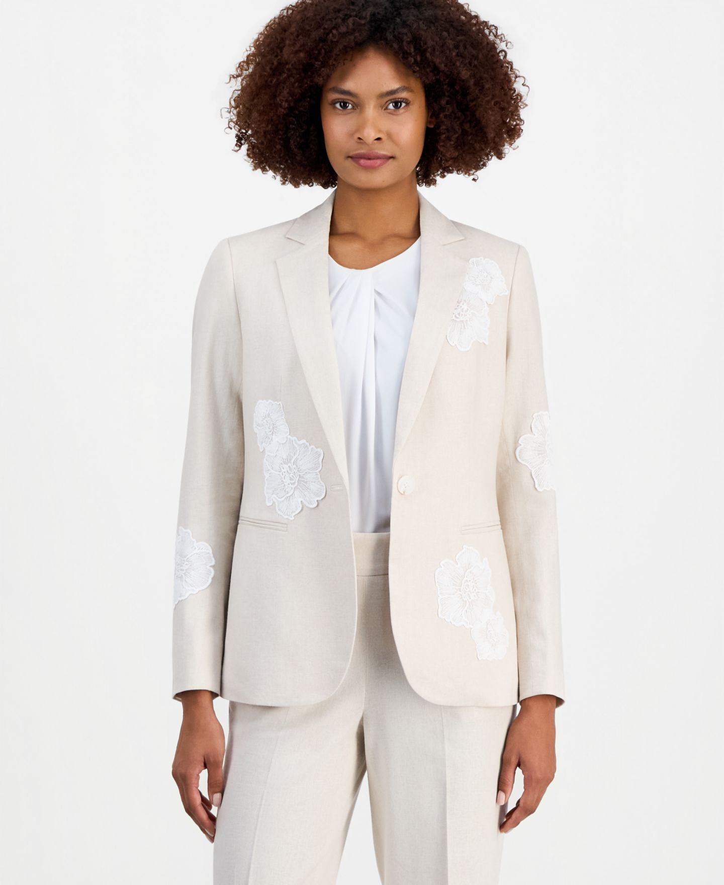 Женский пиджак Anne Klein Linen-Blend One-Button Embroidered Blazer, цвет: Натуральный / Белый — фото 5