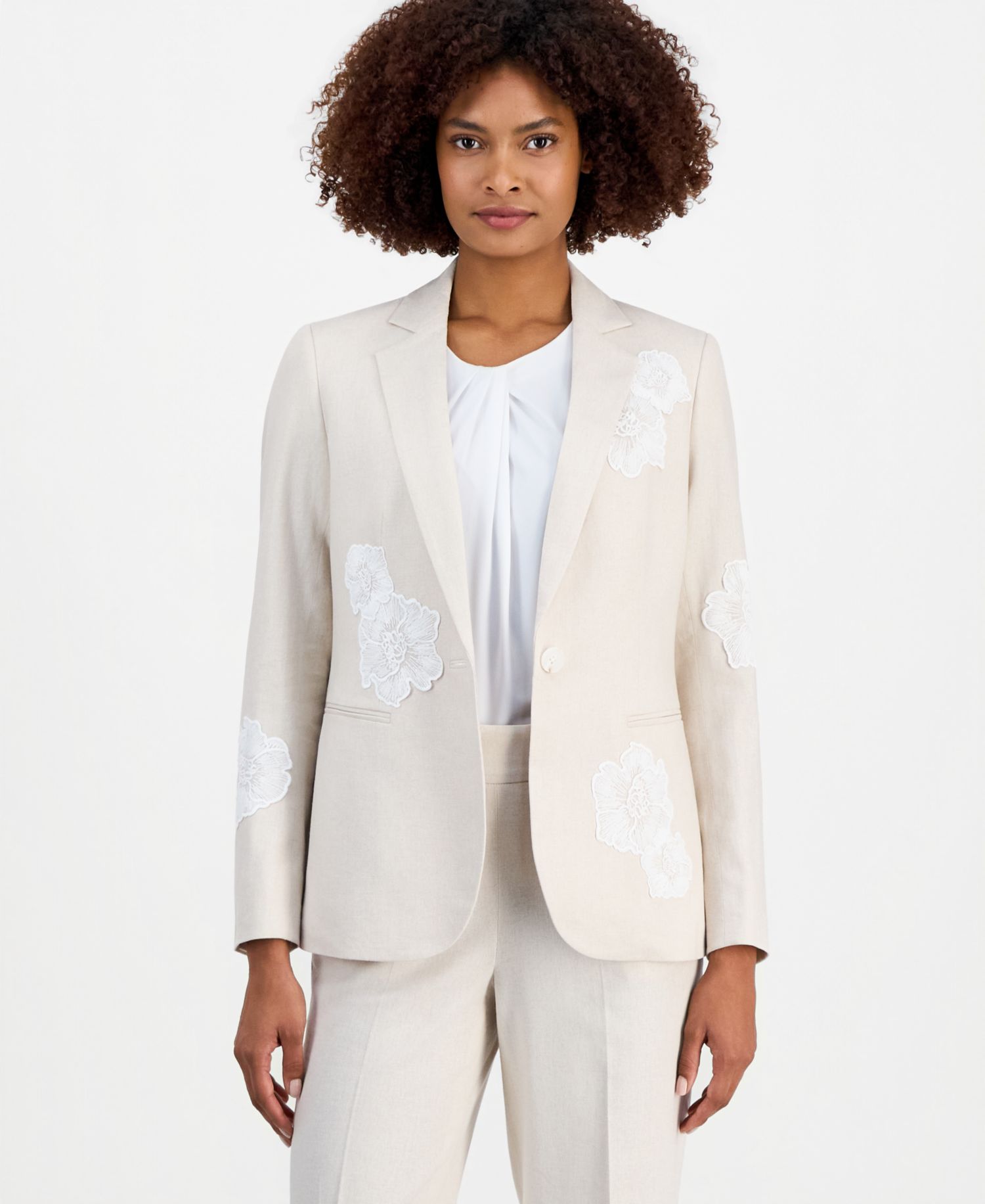 Women's Linen-Blend One-Button Embroidered Blazer