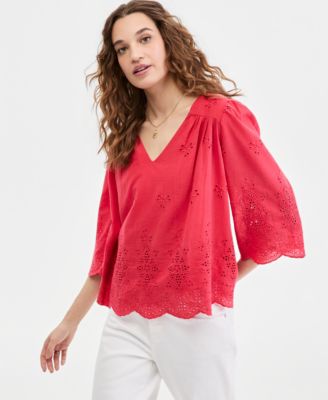 Women's Eyelet-Embroidered 3/4-Sleeve Top