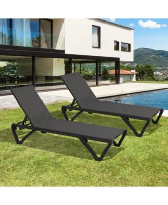 2 Pcs Outdoor Lounge Chair, Aluminum Plastic Patio Chaise Lounge with 5 Position Adjustable Backrest and Wheels