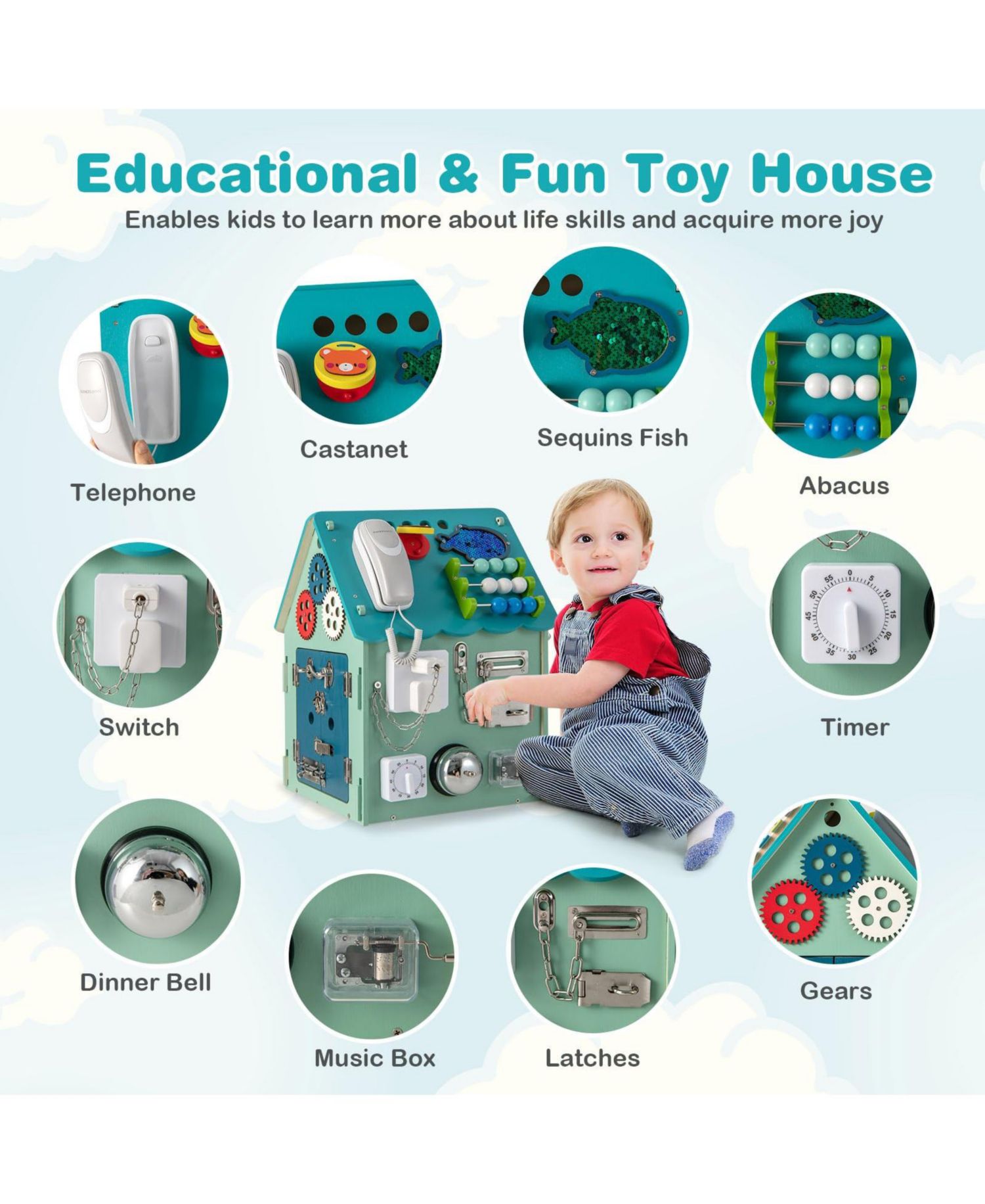 Montessori Playhouse with Sensory Games and Interior Storage, Blue Kids Play Tent