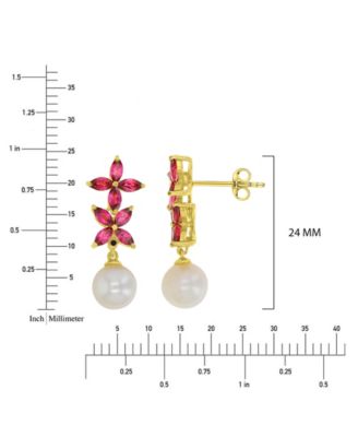 Garnet & Imitation Pearl Flower Earrings in 14k Yellow Gold Over Sterling Silver