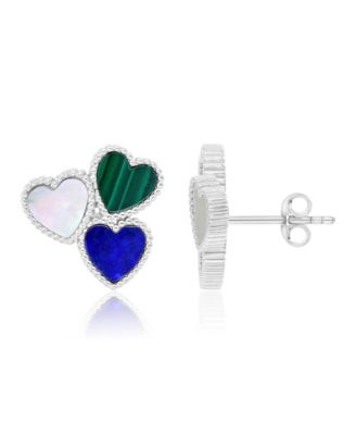 Mother of Pearl, Malachite and Lapis Tri-Heart Stud Earrings in Rhodium Over Sterling Silver