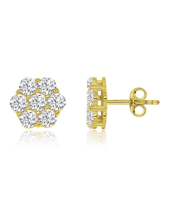Cubic Zirconia Flower Stud Earrings in 14k Yellow Gold Over Sterling
