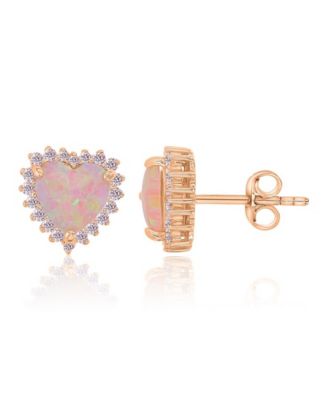 Heart Opal and Pink Cubic Zirconia Stud Earrings in 14k Rose Gold Over Sterling Silver