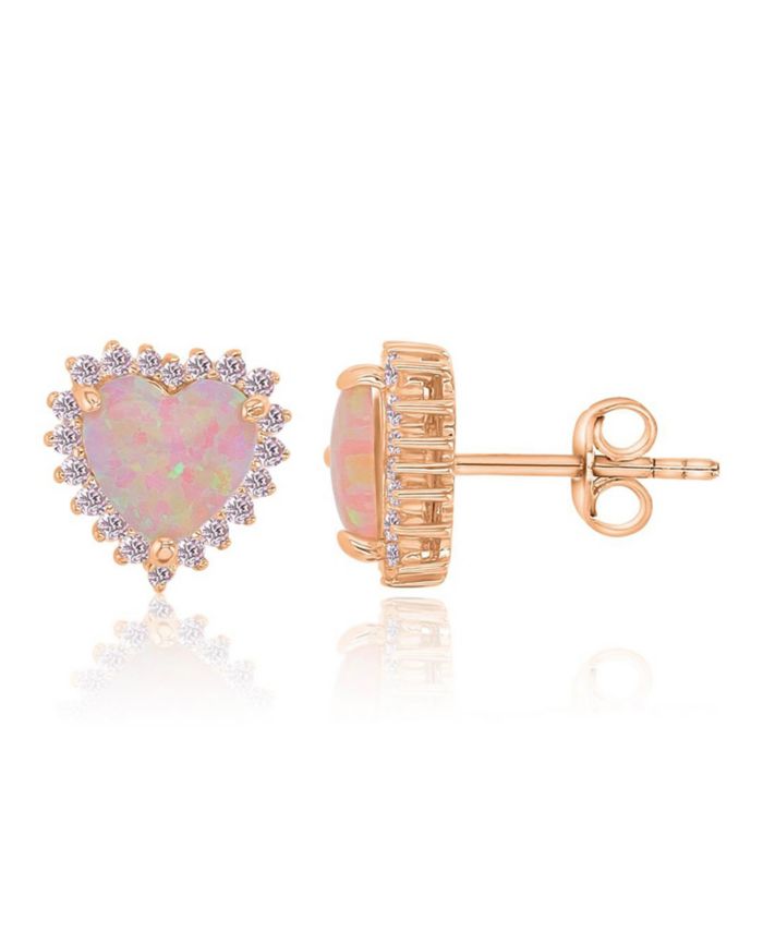 Heart Opal and Pink Cubic Zirconia Stud Earrings in 14k Rose Gold Over