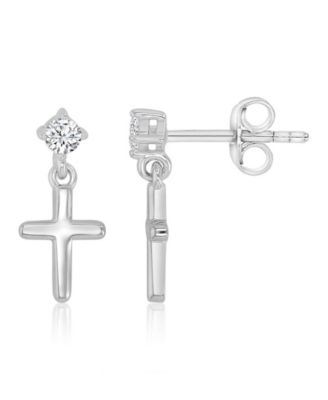 Cubic Zirconia Cross Dangling Earrings in Rhodium Over Sterling Silver