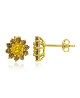 Citrine and Smokey Flower Stud Earrings in 14k Yellow Gold Over Sterling Silver