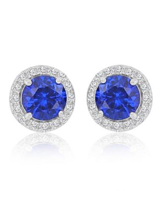 Created Blue Sapphire and White Sapphire Halo Stud Earrings in Rhodium Over Sterling Silver