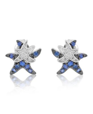 White Sapphire and Created Blue Sapphire Duo Starfish Stud Earrings in Rhodium Over Sterling Silver