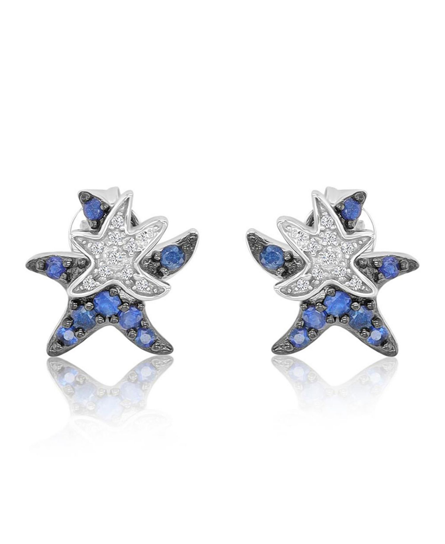 White Sapphire and Created Blue Sapphire Duo Starfish Stud Earrings in Rhodium Over Sterling Silver