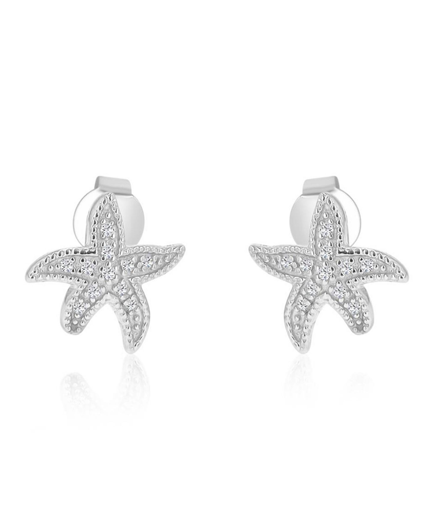 Created White Sapphire Star Fish Stud Earrings in Rhodium Over Sterling Silver